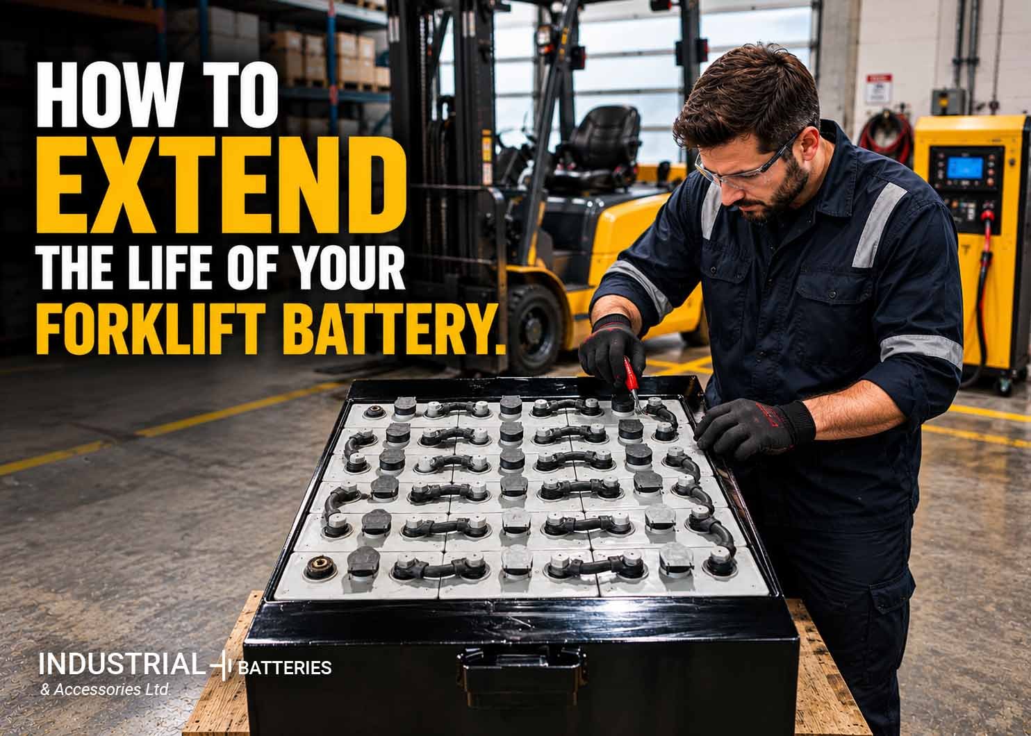 Two warehouses buy the same battery on the same day. One replaces it in year three. The other is still running it in year six. The battery did not change. The routine around it did. Most early battery failures are not bad luck. They come from daily habits like unplugging early, skipping water checks, or running a battery flat. Here is the good news. How to extend forklift battery life is not a mystery, and the fixes cost very little. This guide from Industrial Batteries Accessories Ltd. covers eight habits that protect your battery, a routine your team can follow, and the point where repair makes more sense than more care. What Decides How Long a Forklift Battery Lasts? Three things decide it: how the battery is charged, how deeply it is drained, and how well it is kept clean, watered, and cool. The battery brand matters less than the routine around it. A lead acid forklift battery stores power in lead plates sitting in a sulfuric acid mix. Every charge and discharge wears the plates a little. A charge cycle is one full run-down and recharge. Most batteries are built for about 1,500 cycles, which is roughly five years of one shift a day. Good care protects the plates. Heat, flat discharges, and low water attack them. The damage builds slowly, so it is easy to miss until forklift battery life drops off a cliff. Why Does Knowing How to Extend Forklift Battery Life Pay Off? Because every extra year is a year you do not buy a new battery, and fewer breakdowns mean fewer stalled shifts. Care costs a few minutes a day. A failed battery stops a truck in the middle of a pick. Here is what you gain: A lower cost per year of ownership Steady run time, so no mid-shift swaps Fewer emergency service calls Fewer acid spills and safer handling Records that back up a warranty claim Price depends on voltage, capacity, and warranty, so ask for a written quote. Industrial Batteries Accessories Ltd. advertises a five year warranty and publishes a warranty book. Most battery warranties expect proper care, so read the terms and keep a log. What Are the 8 Habits That Extend Forklift Battery Life? Eight habits do most of the work: charge fully, skip quick top-ups, water after charging, avoid deep discharge, let the battery cool, keep it clean, rotate batteries, and test often. This is how to extend forklift battery life without special tools or training. 1. Charge the Full Cycle Every Time Let each charge finish. A full charge, usually around eight hours, brings every cell to the same level and mixes the acid evenly. Unplugging early leaves some cells undercharged. Over time those cells fall behind, and the weakest one drags the whole battery down. 2. Skip the Quick Top-Ups Short top-ups between breaks, called opportunity charging, add heat and extra cycles. Plugging in for 20 minutes at lunch feels harmless, but it speeds up plate wear. If your shifts truly need it, ask about equipment built for that use. Do not make it a habit on a standard lead acid battery. 3. Water After Charging, Never Before Add distilled water after the charge ends. The liquid expands while charging, so watering first can make it overflow and leave acid on the battery. Cover the plates, and do not overfill. Tap water leaves minerals behind that harm the cells, so use distilled only. Check levels weekly, and more often in summer. 4. Avoid Deep Discharge Recharge before the battery is nearly empty. Many makers advise stopping at about 20 percent charge left. Running a battery flat stresses the plates. Train operators to plug in when the gauge says so, not when the truck gives up. 5. Let It Cool After Charging A battery gets warm while charging. Give it time to rest before use, often about eight hours, though your maker’s guidance rules. Heat is the hidden enemy of the plates. Most makers warn against letting the liquid climb much above 50°C. Keep the charging area ventilated and away from heaters. 6. Keep the Top Clean and Dry Wipe the top and check the terminals each week. Dirt and acid residue let current leak across the surface and speed up corrosion. For light buildup, mix baking soda with water to neutralize the acid. Wear gloves and eye protection, keep the vent caps closed, then rinse lightly and dry. White or blue crust on the posts means cleaning is overdue. 7. Rotate Batteries on Multi-Shift Trucks If a truck runs more than one shift, use a second battery. Each one gets a full charge and a proper rest. One battery on three shifts never cools and never finishes a clean charge. Label your batteries and swap them on a fixed schedule so wear stays even. 8. Test and Log Readings A hydrometer measures the strength of the liquid in each cell. A voltmeter checks the battery as a whole. Test on a schedule and write the numbers down. One cell reading low while the others look fine is an early warning. Catch it in week one and you have repair options. Catch it after a breakdown and you often do not. How Does Forklift Battery Care Change With Your Operation? It changes with shifts, season, and space. Multi-shift sites need spare batteries and fixed swap times, while Ontario’s hot summers and cold winters change how you water and charge. Small changes extend forklift battery life in any setup: One shift a day: One battery works if it gets a full charge and a rest overnight. Water weekly. Two or three shifts: Run spares and set swap times. Never let one battery work around the clock. Winter docks and cold storage: Cold lowers capacity, so a battery can seem weaker than it is. Charge indoors, away from freezing air. Summer heat: Check water more often and keep the charging room ventilated. Seasonal trucks: A battery left idle loses charge slowly. Recharge it on a schedule so it does not go flat. What Does Good Forklift Battery Maintenance Look Like Week to Week? It looks like a short checklist done on a fixed day, with results written down. Done right, it takes a few minutes per battery. Strong forklift battery care comes from consistency, so give one person per shift ownership of the list. This is how to maintain forklift batteries in a way that holds up over years: Frequency Task Every shift Look for leaks, damaged cables, and loose plugs. Charge fully. Weekly Check water, add distilled water after charging, wipe the top, inspect terminals. Monthly Record cell readings and compare cells. Check the charger and connectors. Yearly Book a professional test of the battery and charger. Good forklift battery maintenance includes the charger. A faulty charger can wreck a healthy battery, so check cords, plugs, and any error messages. Some batteries also need an equalizing charge now and then. It evens out cell strength. Ask your supplier how often yours should get one. When Is Repair or Replacement Better Than More Care? When the problem is already inside the battery. Care slows wear, but it cannot undo a cracked case, many weak cells, or a battery at the end of its cycle life. Here is a simple guide: Corroded terminals or worn cables: Repair. See battery service and repairs. Over-discharged battery with life left: Battery regeneration can win back lost capacity. Several weak cells: A battery pack rebuild is often the better value. Cracked case, leaks, or past 1,500 cycles: Replace it with a new forklift battery. Get a test first. A good technician will tell you when care is enough, and when it is not. Frequently Asked Questions How long should a forklift battery last? About five years, or 1,500 charge cycles, with good care. Heat, flat discharges, and low water can cut that short by years. Is it bad to charge a forklift battery before it is empty? Now and then it will not hurt. Doing it every day shortens battery life. Charge when the gauge drops near 20 percent. Can I use tap water in a forklift battery? No. Use distilled water only. Tap water leaves minerals behind that damage the plates over time. How often should I clean a forklift battery? Wipe the top every week. Clean off corrosion as soon as you see white or blue crust on the posts. How do I know if my battery needs more than care? Watch for shorter run time, heat, slow charging, or one cell reading low. Any of these means it is time for a test. Ready to Get More Years From Your Batteries? Batteries rarely fail overnight. They wear down one skipped check at a time. Now you know how to extend forklift battery life, and the habits fit into any shift. Not sure where your batteries stand? Industrial Batteries Accessories Ltd. can test your battery and charger, explain what needs attention, and quote repair, rebuild, or replacement so you can compare. Request a free estimate on the quote page, or reach the team through the contact page.